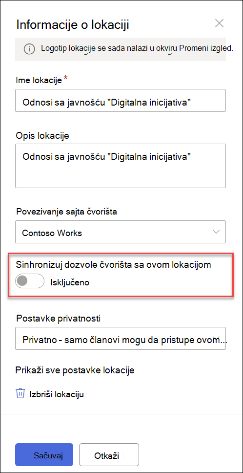 snimak ekrana preklopnog dugmeta za sinhronizaciju povezanih sajtova