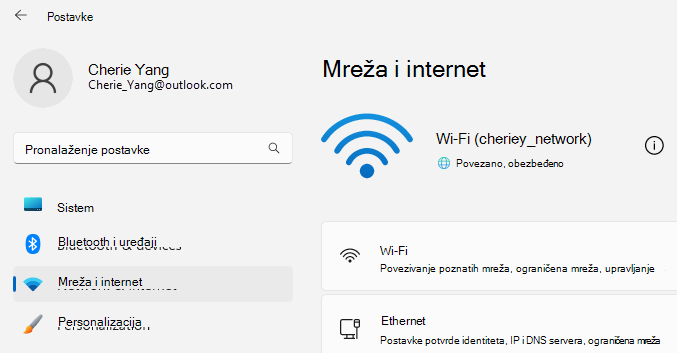 Prikazuje stranicu "Postavke" sa izabranom stavkom "Mrežni & internet da Wi-Fi postavke prikaza."