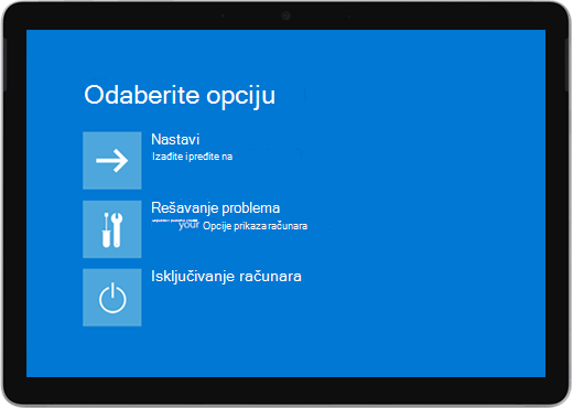Plavi ekran sa opcijama za nastavak, rešavanje problema ili isključivanje računara.