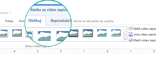 Kada se na slajdu izabere video, na traci sa alatkama se pojavljuje odeljak „Alatke za video“ koji sadrži dve kartice: „Oblikovanje“ i „Reprodukcija“.
