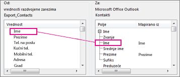 Mapiranje kolone iz programa Excel sa poljem kontakta u programu Outlook
