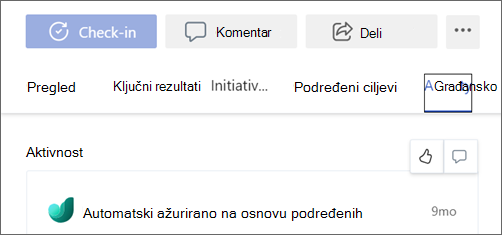 Snimak ekrana kartice "Aktivnost" cilja sa izabranom ikonom "Palčevi nagore".
