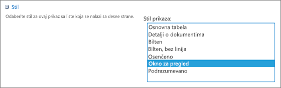 Izbori stilova na stranici „Postavke prikaza“