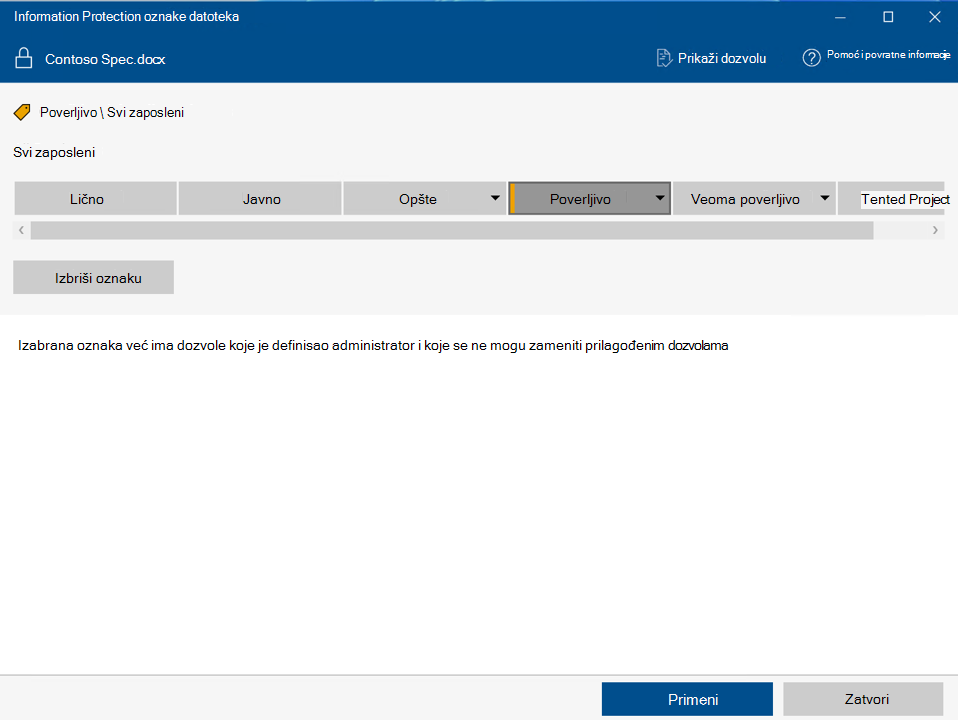 Primena nalepnice na Microsoft Purview Information Protection oznaku datoteke