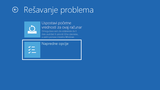 Rešavanje problema sa ekranom u Windows okruženju za oporavak.
