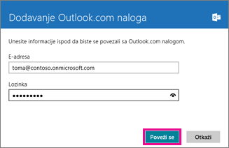 Windows 8 Mail stranica za dodavanje Outlook naloga