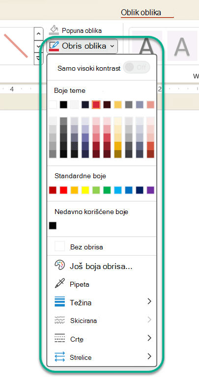 Prikazuje opcije boja linija u sistemu Office