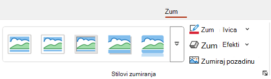 Kartica "Zumiranje" na traci u programu PowerPoint sadrži opcije oblikovanja kao što su ivica i pozadina.