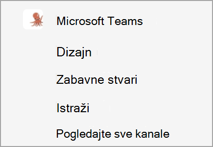 Tim pod imenom Microsoft Teams ima kanale za dizajn, zabavne stvari i istraživanja. Više kanala je sakriveno.