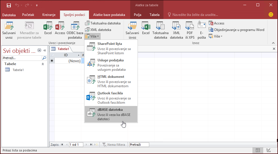 Snimak ekrana programa Access sa opcijom dBASE File izabran na kartici "traka podataka"