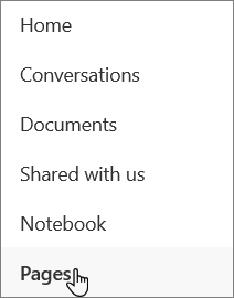 Leva navigacija u programu SharePoint, sa izabranom stavkom "Stranice"