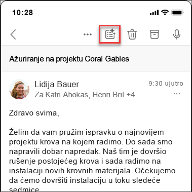 Funkcija Copilot rezimira ikonu da biste rezimirali nit e-pošte u operativnim sistemima iOS i Android.