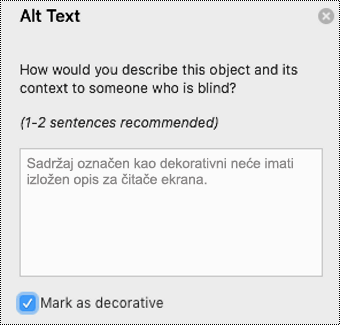 Izabrano polje za potvrdu „Označi kao dekorativno“ u oknu „Alternativni tekst“ programa Word za Mac.