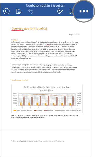 Snimak ekrana datoteke u programu Word za iOS uređaje sa istaknutom ikonom „Još“.