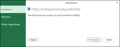 Excel Power Query povezivanje sa dijalogom "Povezivanje SharePoint liste"