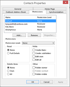 Contact folder properties permissions tab