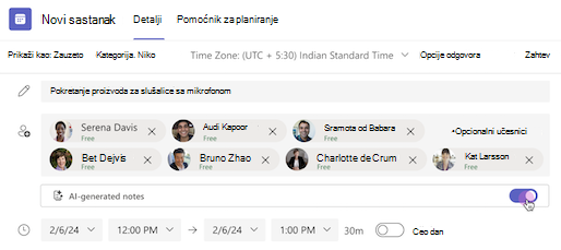 Beleške koje generišu veš su uključene u pozivu za sastanak u usluzi Teams.