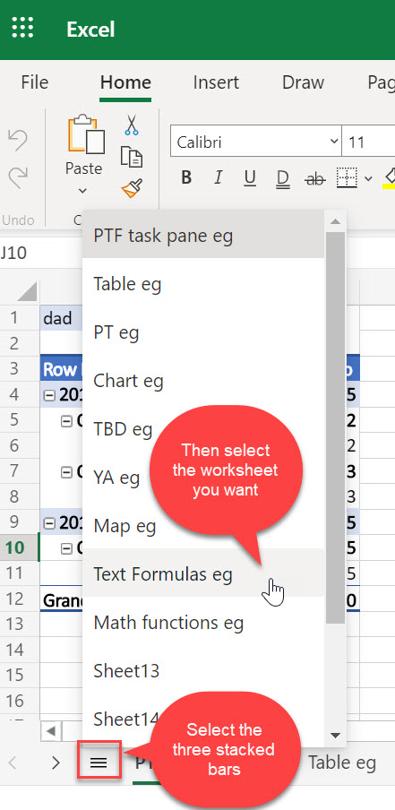 Meni "listovi sa svim listovima" u programu Excel