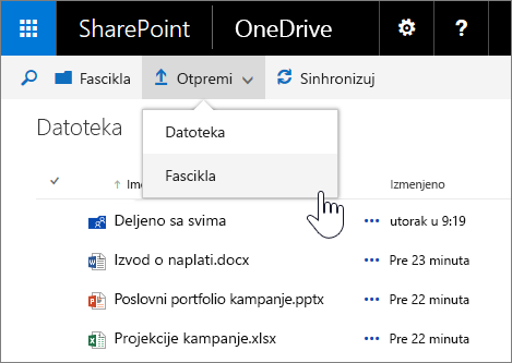 Snimak ekrana otpremanja fascikle u usluzi OneDrive for Business u sistemu SharePoint Server 2016 sa paketom 1 sa novim opcijama