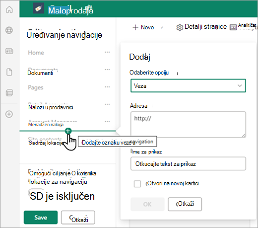 Snimak ekrana koji prikazuje neke od prilagođenih opcija za navigaciju za SharePoint stranicu.