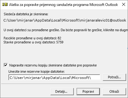 Prikazuje rezultate skenirane Outlook. pst datoteke sa podacima pomoću Microsoft alatke za popravku prijemnog poštanskog sandučeta, SCANPST.EXE
