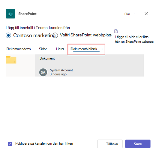 Lägg till ett SharePoint-dokumentbibliotek i Teams.