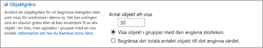 Ange antal objekt som ska visas på sidan Vyinställningar