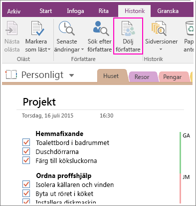 Skärmbild på knappen Dölj författare i OneNote 2016.