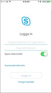 Inloggnings skärm i för Skype för företag för iOS