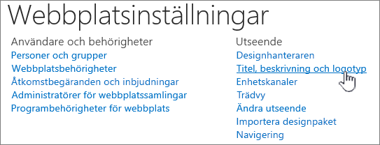 Webbplatsinställningar med Rubrik, beskrivning, logotyp markerad