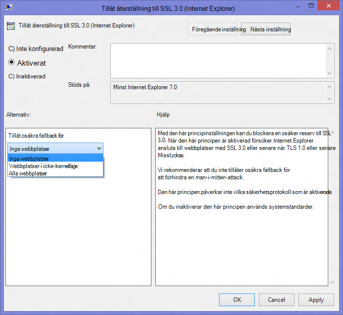 Tillåt återställning till SSL 3.0 (Internet Explorer) 