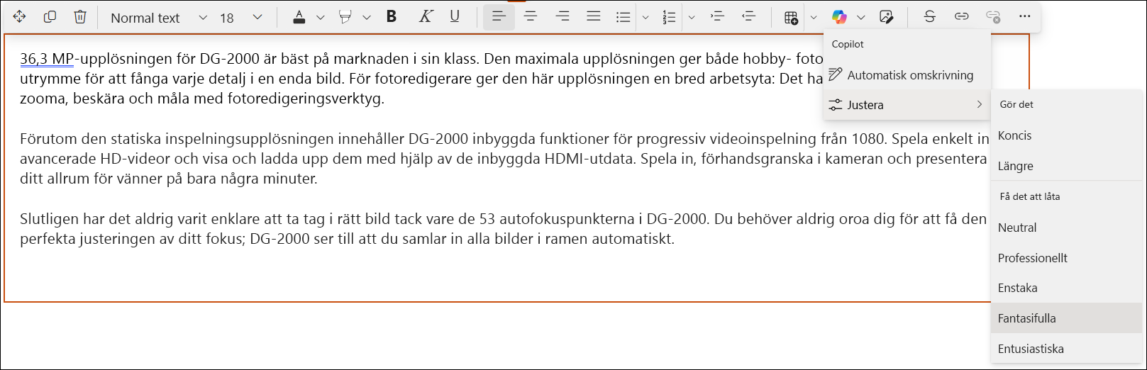 Skärmbild av en snabbvy av Copilot i SharePoint-redigeraren