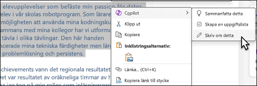 Viss text markerad i OneNote. Snabbmenyn visas med "Copilot" markerat och "Skriv om det här" markerat på undermenyn.