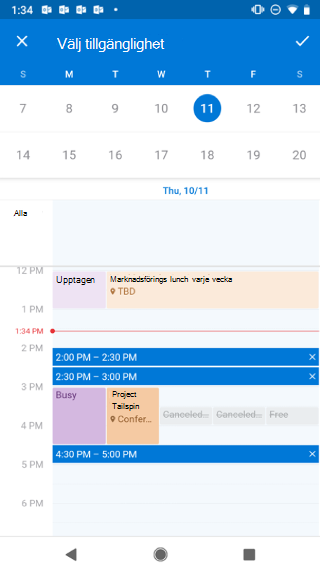 Visar en kalender på en Android-skärm. Ovanför kalendern står det "Ange tillgänglighet" och det finns en bockmarkeringsknapp till höger om den.