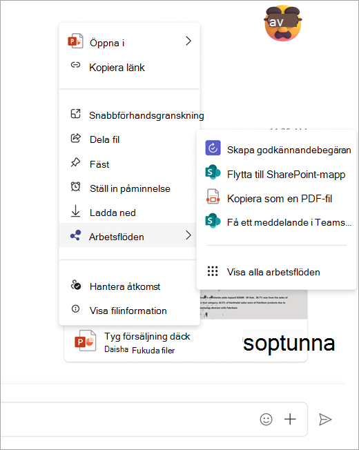 Skärmbild som visar arbetsflödesmenyn öppen från en delad fil
