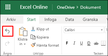Använd knappen Ångra i Excel för webben på fliken Start för att ångra en tidigare sortering