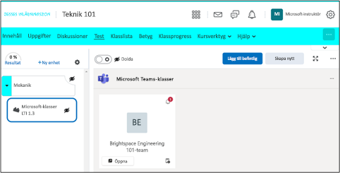 Skärmbild av en D2L Brightspace-kurs som markerar funktionen Microsoft Classes.