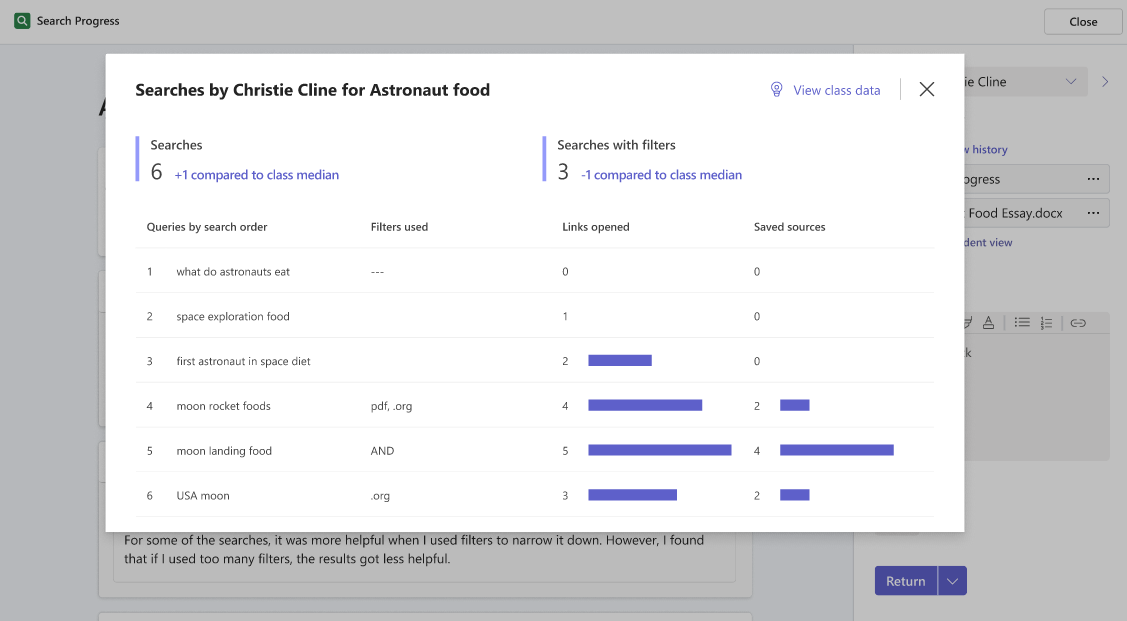 Popup-fönster som visar en mer detaljerad översikt över sökningar som utförts av en elev, och hur antalet sökningar, och sökningar som görs med filter, jämförs med klassens median.