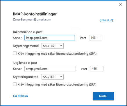 Kontrollera IMAP-inställningarna för Gmail.
