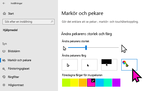 Ändra pekarens storlek och färg Windows 10 Inställningar appen