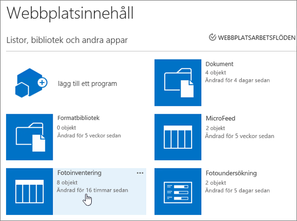 Sidan Webbplatsinnehåll med listan markerad