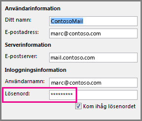 Ändra lösenord för ett POP3- eller IMAP-konto