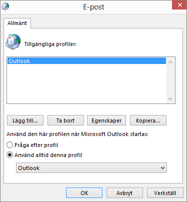 E-postegenskapssidan som används för att lägga till eller ta bort en profil för Outlook-kontot