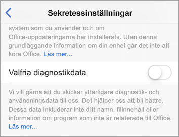 Skärmbild av växlingsknappen Valfria diagnostikdata