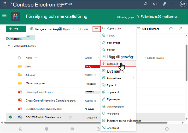 Använd kommandot Ladda ned i SharePoint för att ladda ned och spara en lokal kopia av en fil eller mapp.