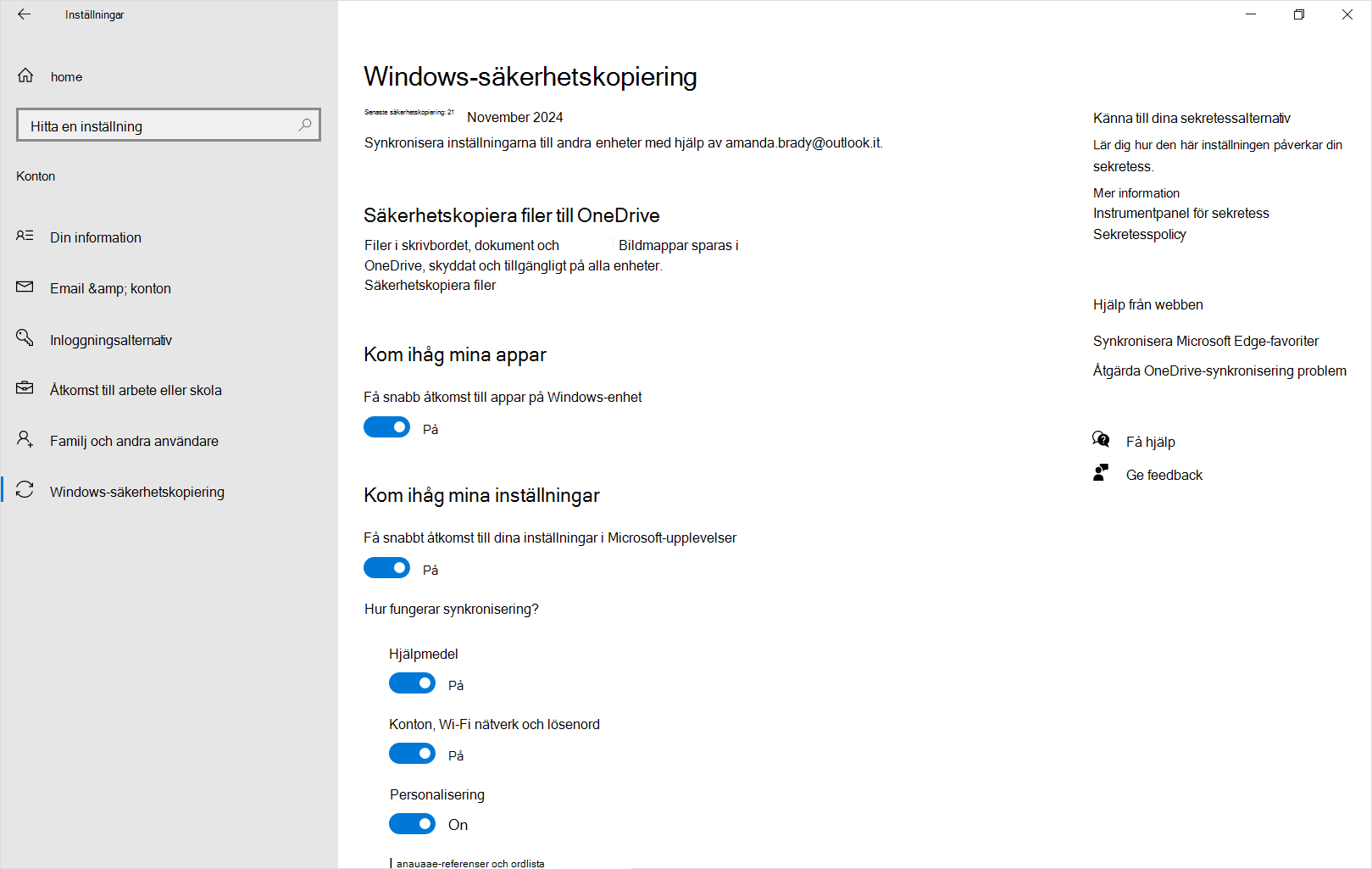 Skärmbild av Säkerhetskopiering av Windows-inställningar i Windows 10.