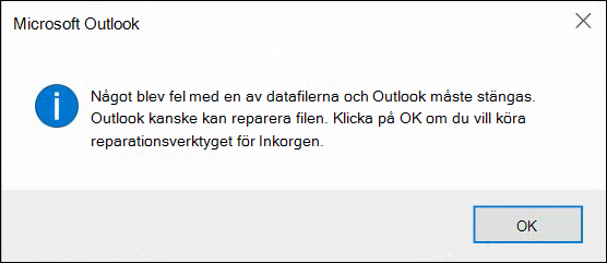 Något är fel med en av dina datafiler och Outlook måste stängas.