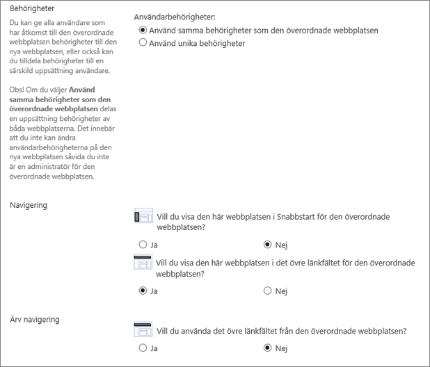 Nedre delen av dialogrutan Skapa webbplats