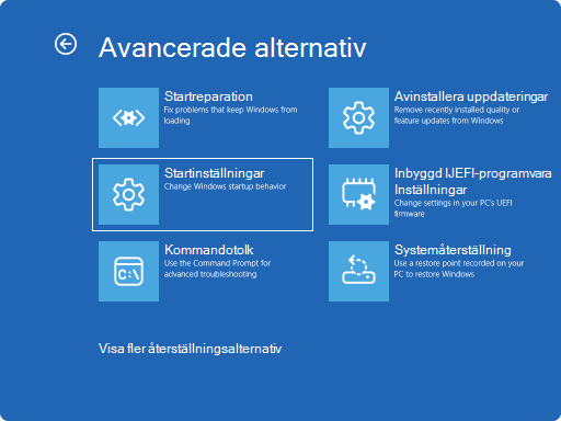 Skärmbild av Windows RE – avancerade alternativ.