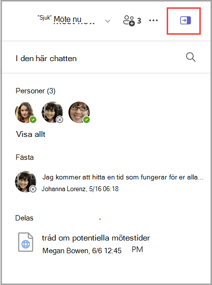 Skärmbild av hur du visar ett chattinformationsfönster som innehåller en lista med 3 personer, ett fäst meddelande och ett delat dokument.